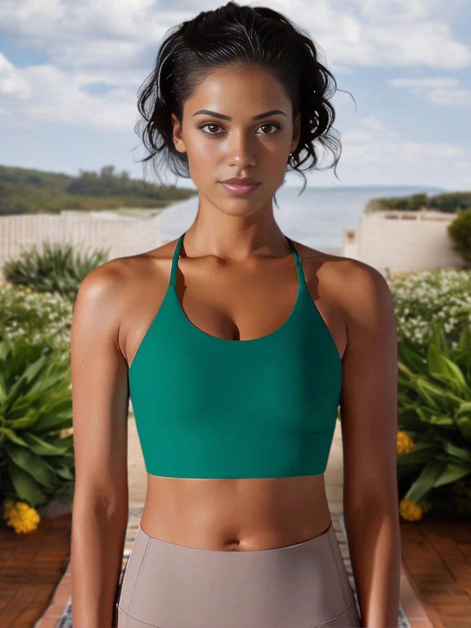 Women's Strappy Back Sports Bra With Scoop Neckline And Padded Support - Picture 15 of 15