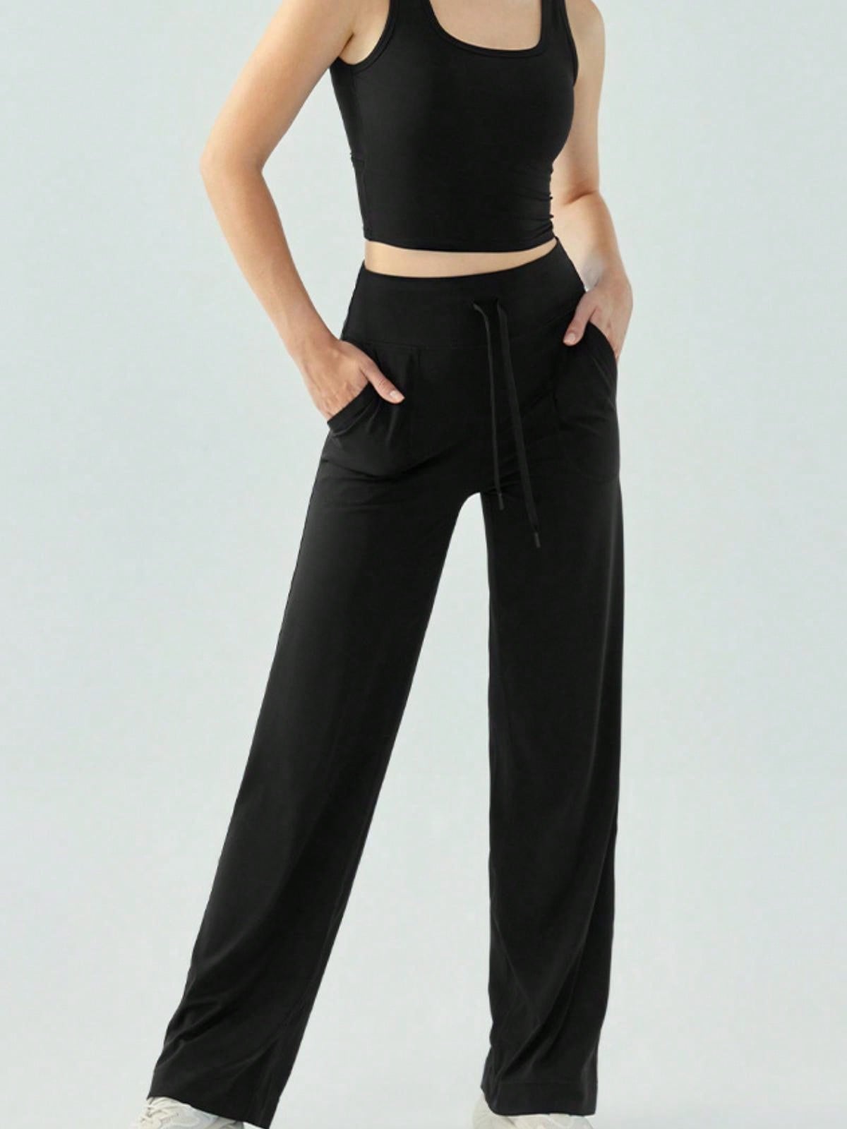 Women's High Waisted Wide Leg Lounge Pants With Drawstring And Pockets - Picture 20 of 22