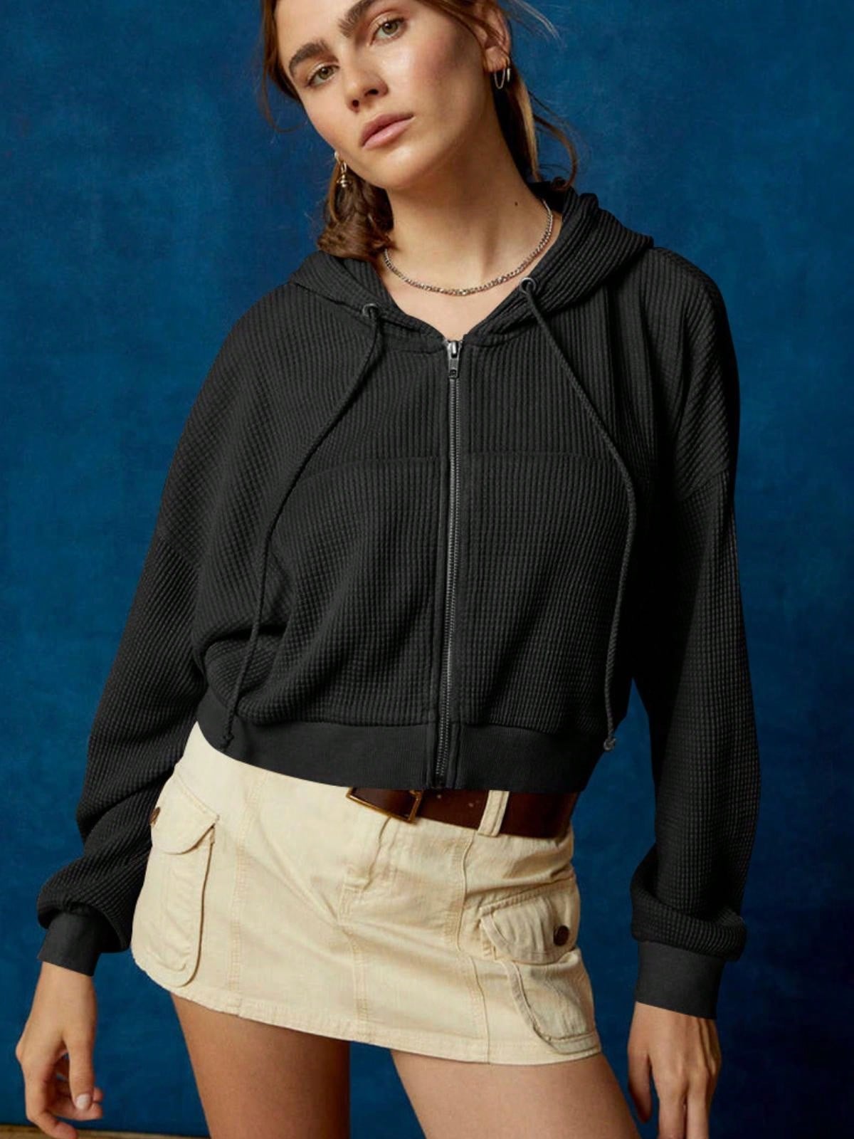 Women's Waffle Knit Zip-Up Hoodie With Drawstring And Kangaroo Pocket - Picture 21 of 24