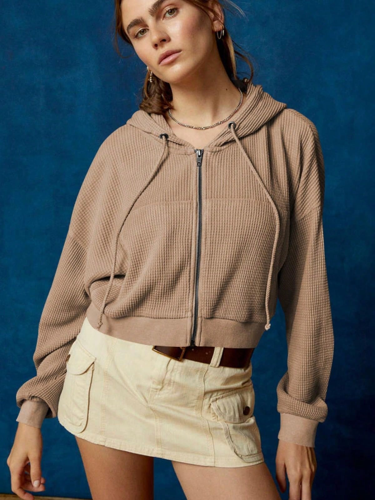 Women's Waffle Knit Zip-Up Hoodie With Drawstring And Kangaroo Pocket - Picture 22 of 24