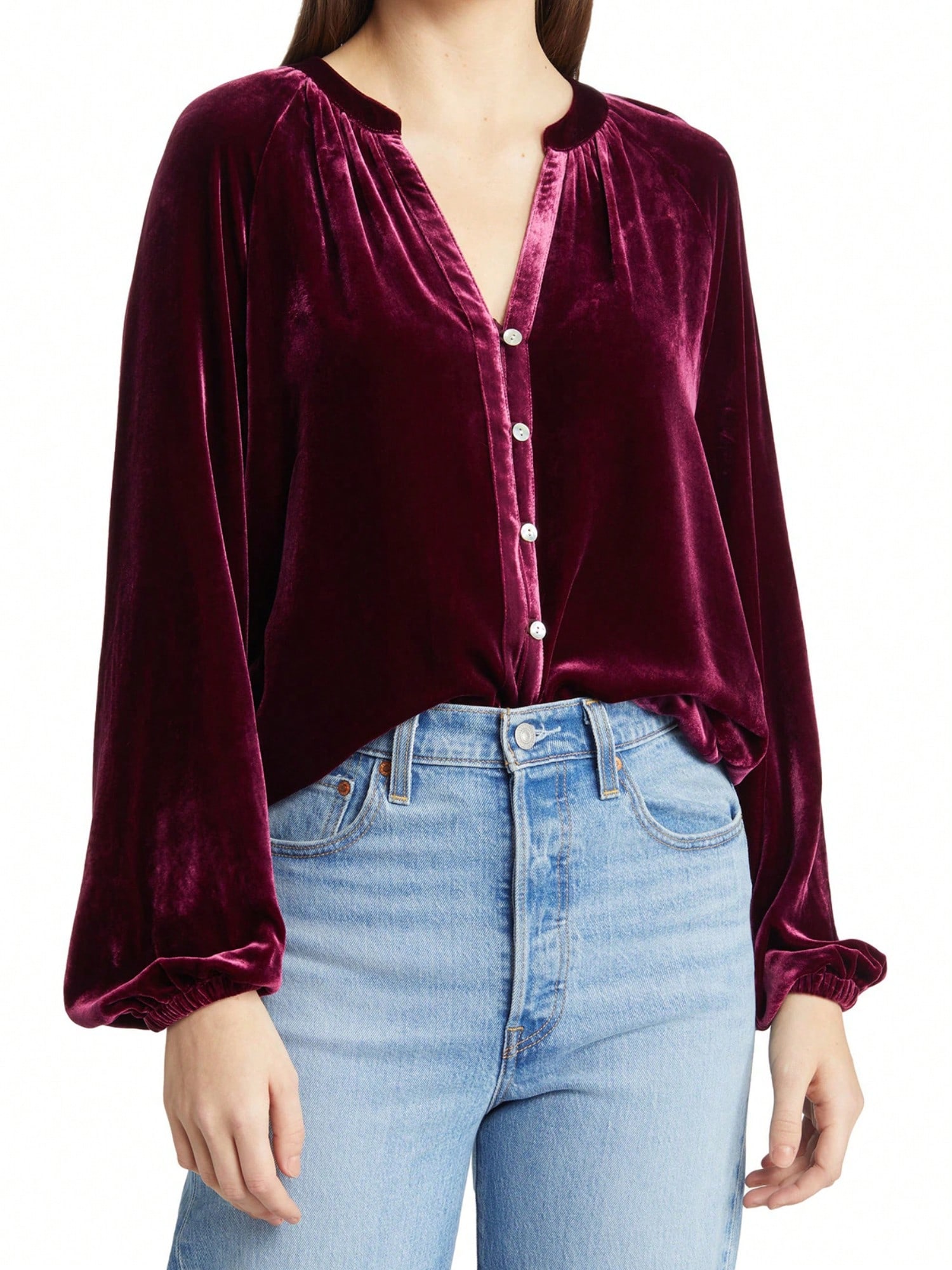 Women's Velvet Blouse With V-Neck And Button Detail - Picture 9 of 10