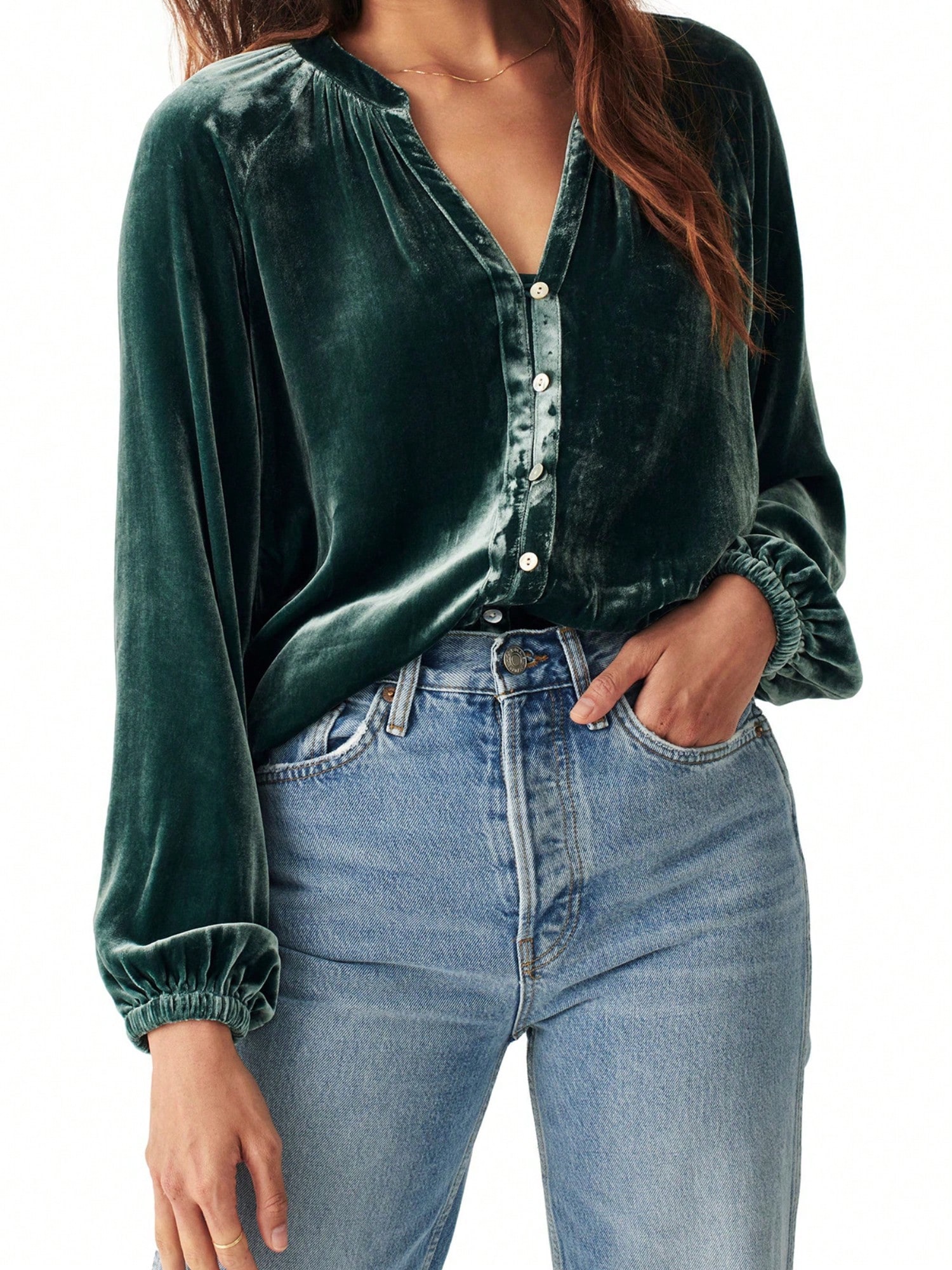 Women's Velvet Blouse With V-Neck And Button Detail - Picture 10 of 10