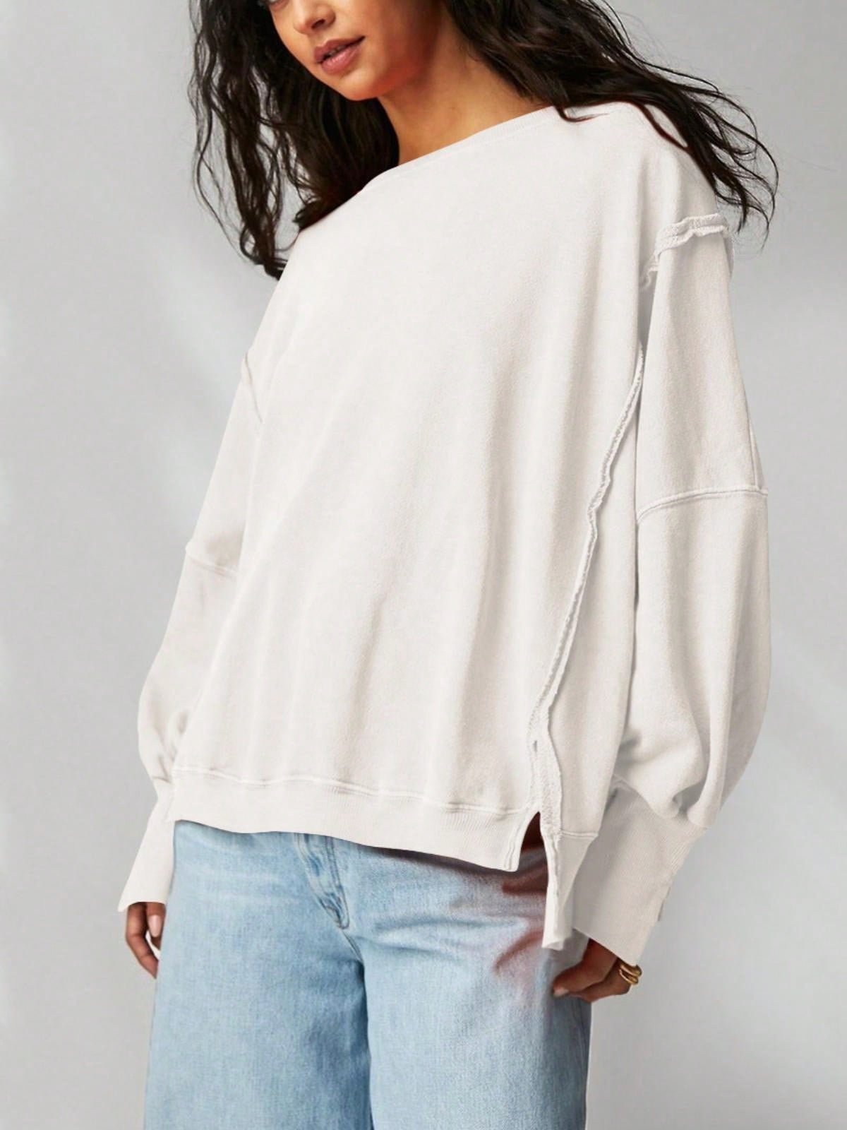 Women's Black Oversized Sweatshirt With Frayed Hem And Balloon Sleeve - Picture 26 of 29