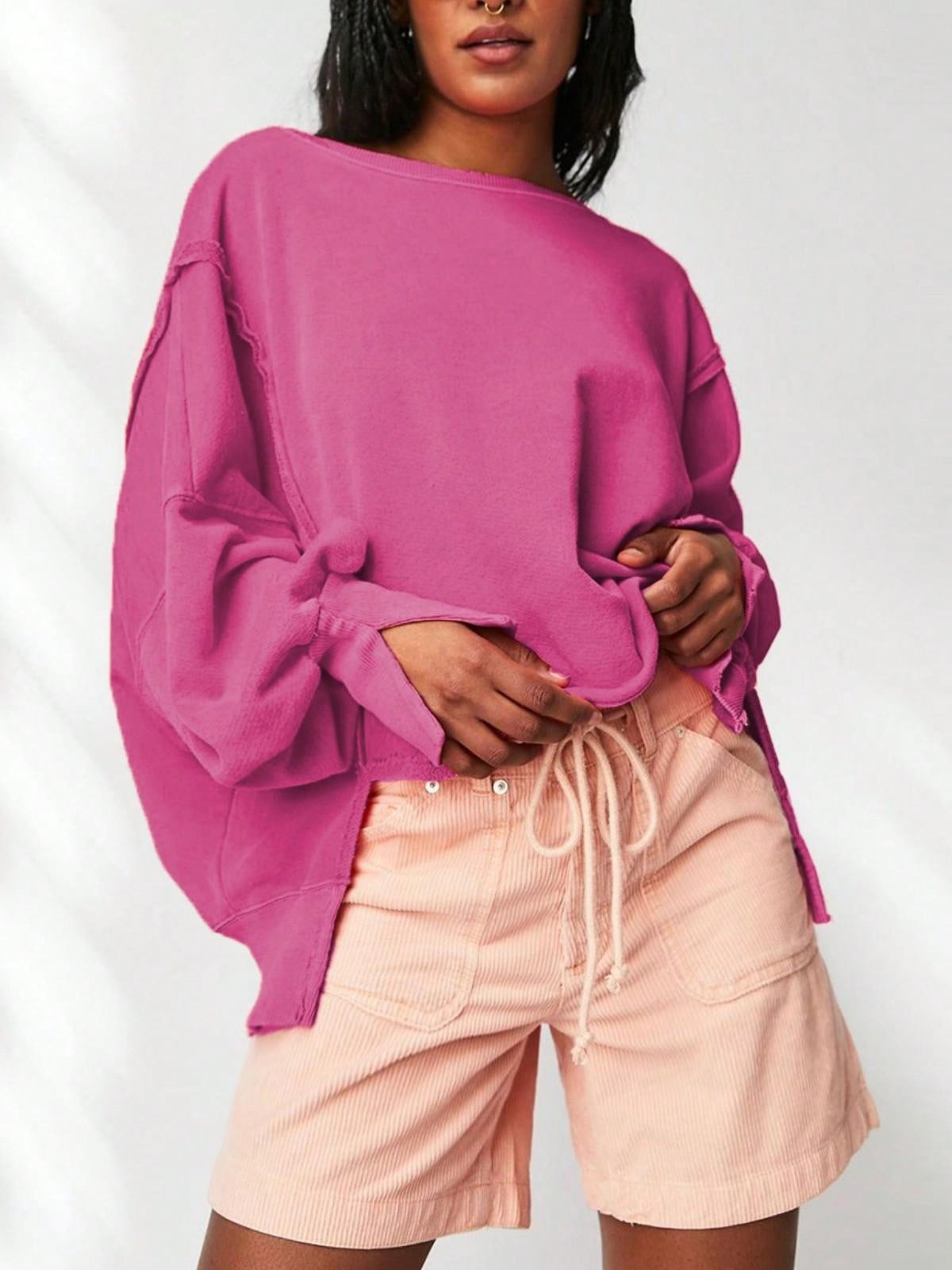 Women's Black Oversized Sweatshirt With Frayed Hem And Balloon Sleeve - Picture 28 of 29
