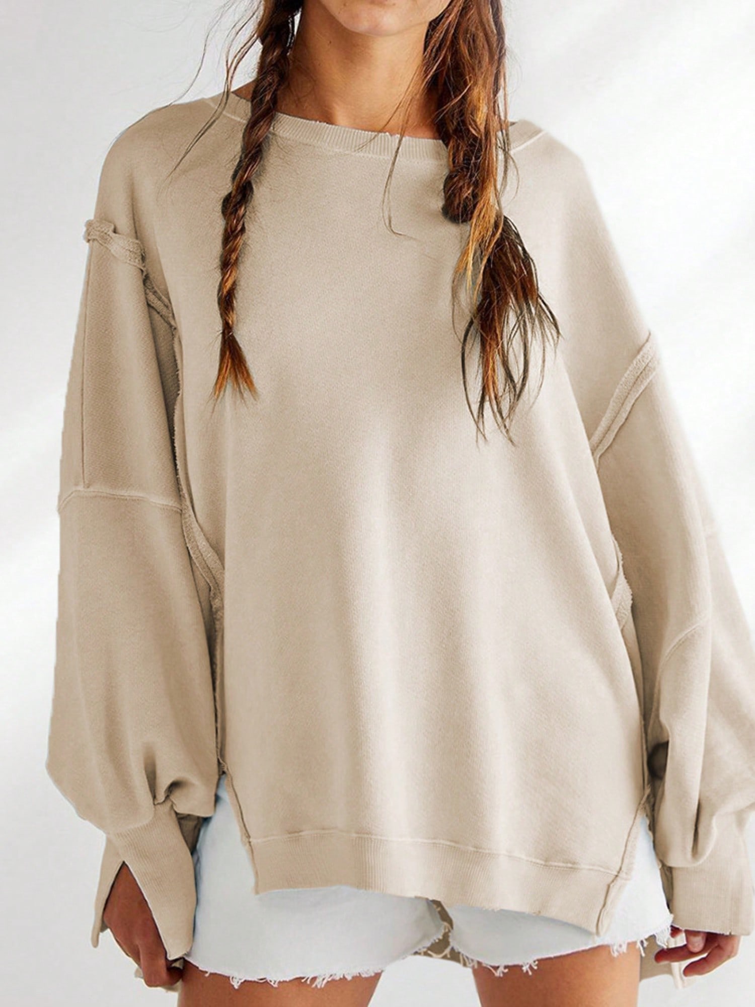 Women's Black Oversized Sweatshirt With Frayed Hem And Balloon Sleeve - Picture 27 of 29