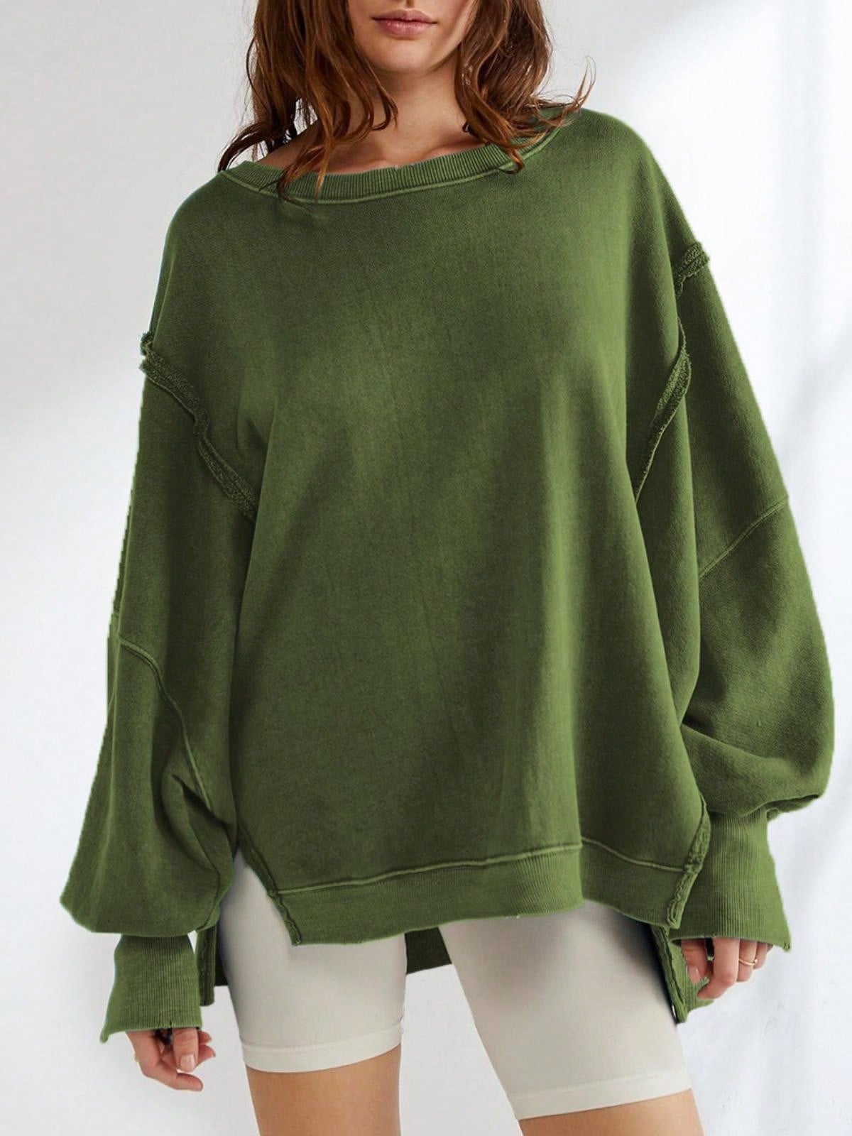 Women's Black Oversized Sweatshirt With Frayed Hem And Balloon Sleeve - Picture 29 of 29