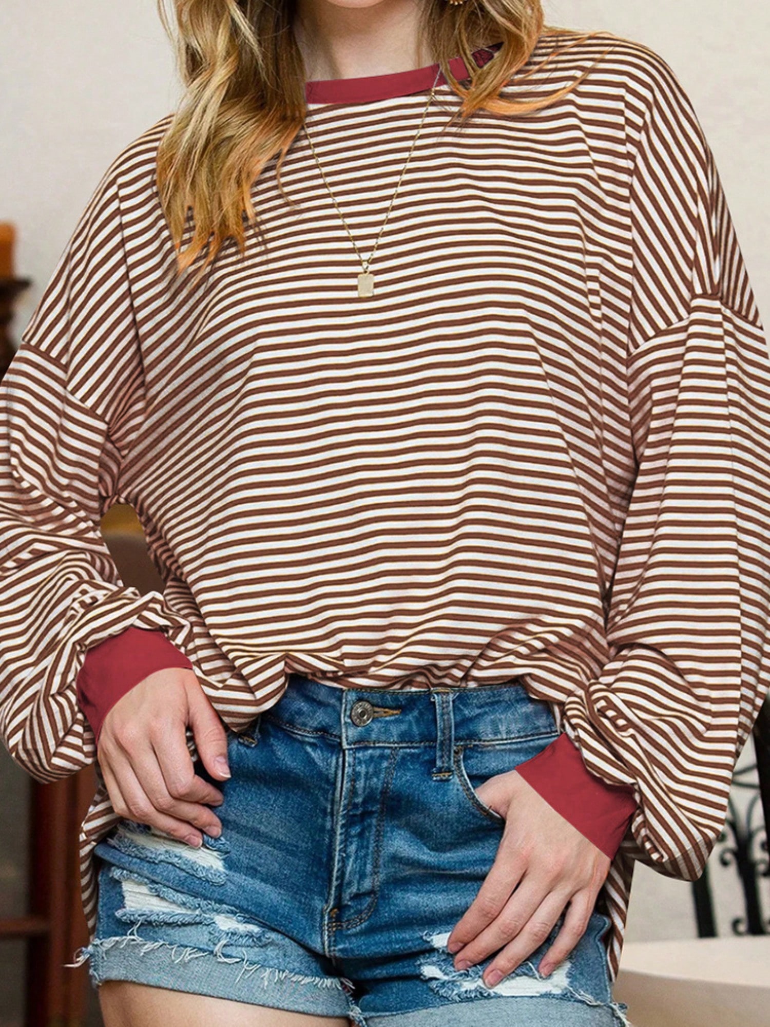 Women's Black And White Striped Long Sleeve Shirt With Contrast Cuffs