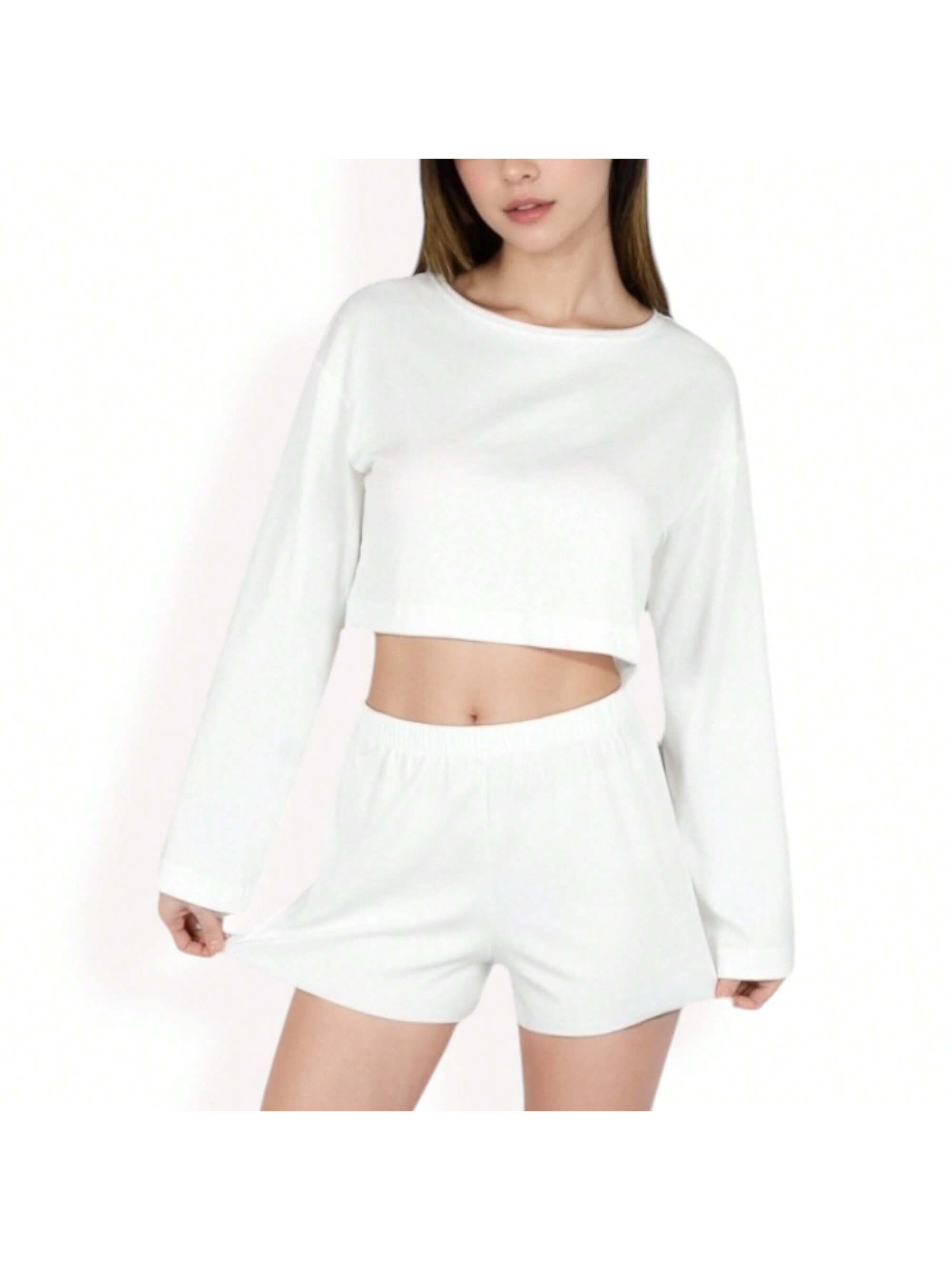 Women's Long Sleeve Cropped Pajama Set With Relaxed Shorts
