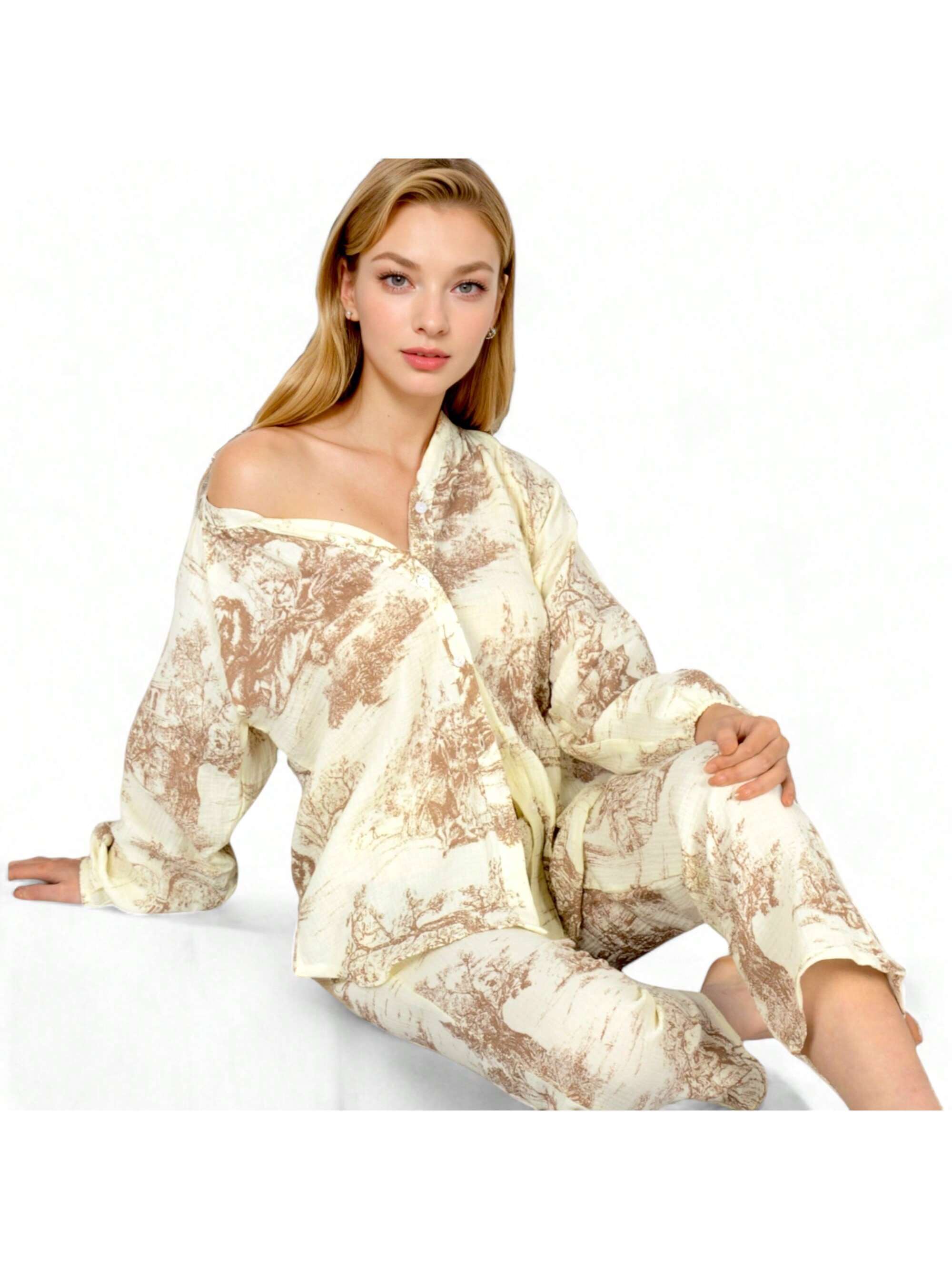 Two-Piece Printed Lounge Set With Button-Up Top And Elastic Waist Pants - Picture 12 of 12