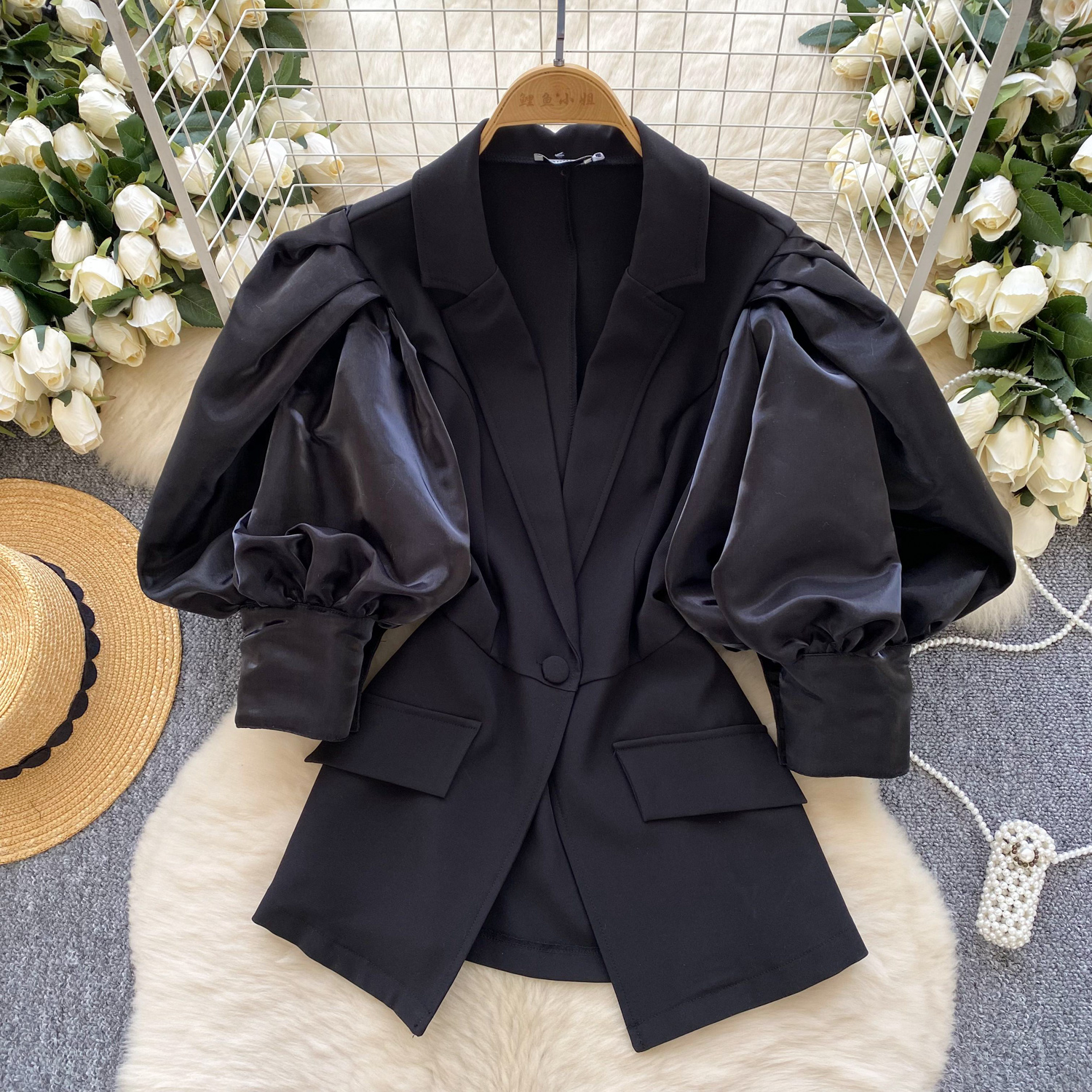 Womens Elegant Lapel Collar Loose Puff Sleeves Blazer Jacket Slim Suit Outwear