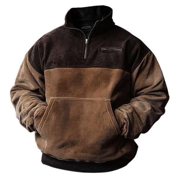 Sudaderas con capucha retro de pana para hombre a juego color informal 3/4 cremallera - Imagen 7 de 7