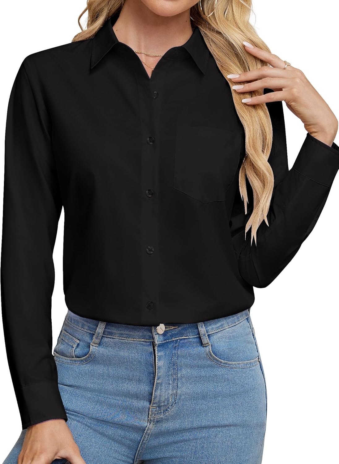 Womens Wrinkle Free Button Down Dress Solid Long Sleeve Formal Collared Shirts - Picture 28 of 79
