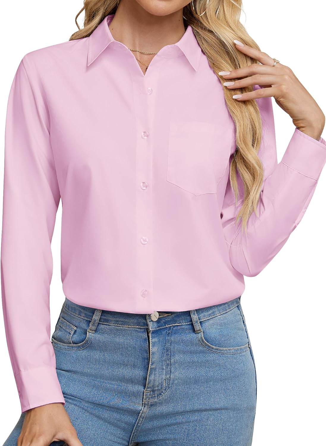 Womens Wrinkle Free Button Down Dress Solid Long Sleeve Formal Collared Shirts - Picture 32 of 79
