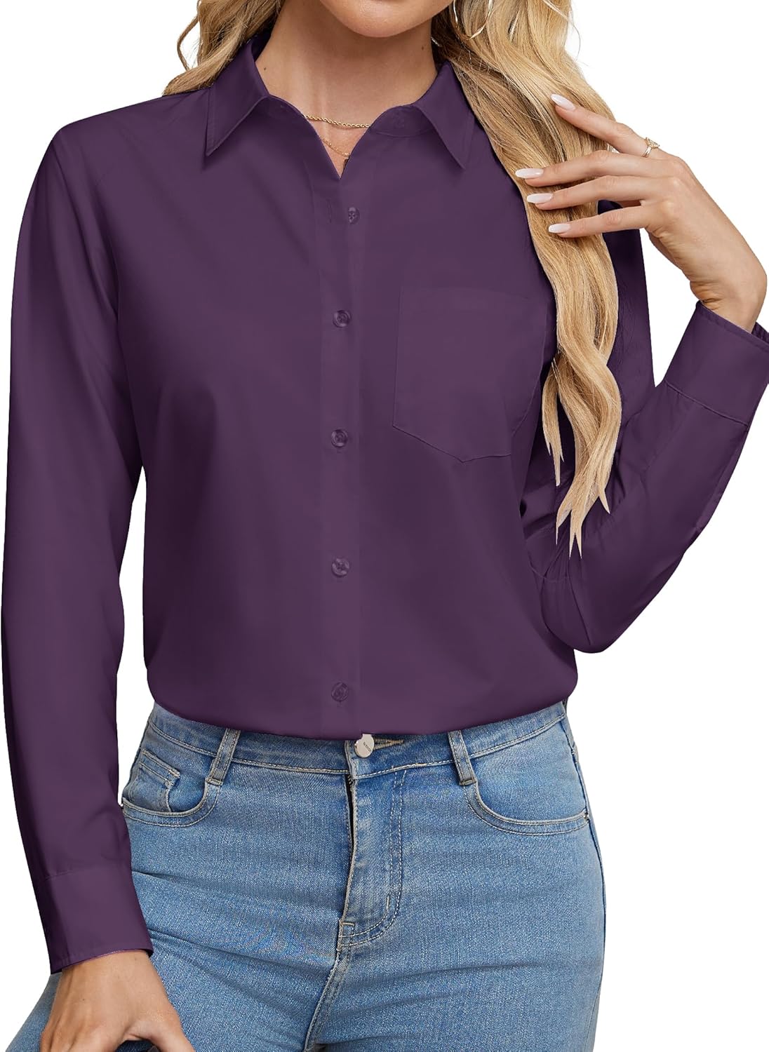 Womens Wrinkle Free Button Down Dress Solid Long Sleeve Formal Collared Shirts - Picture 39 of 79