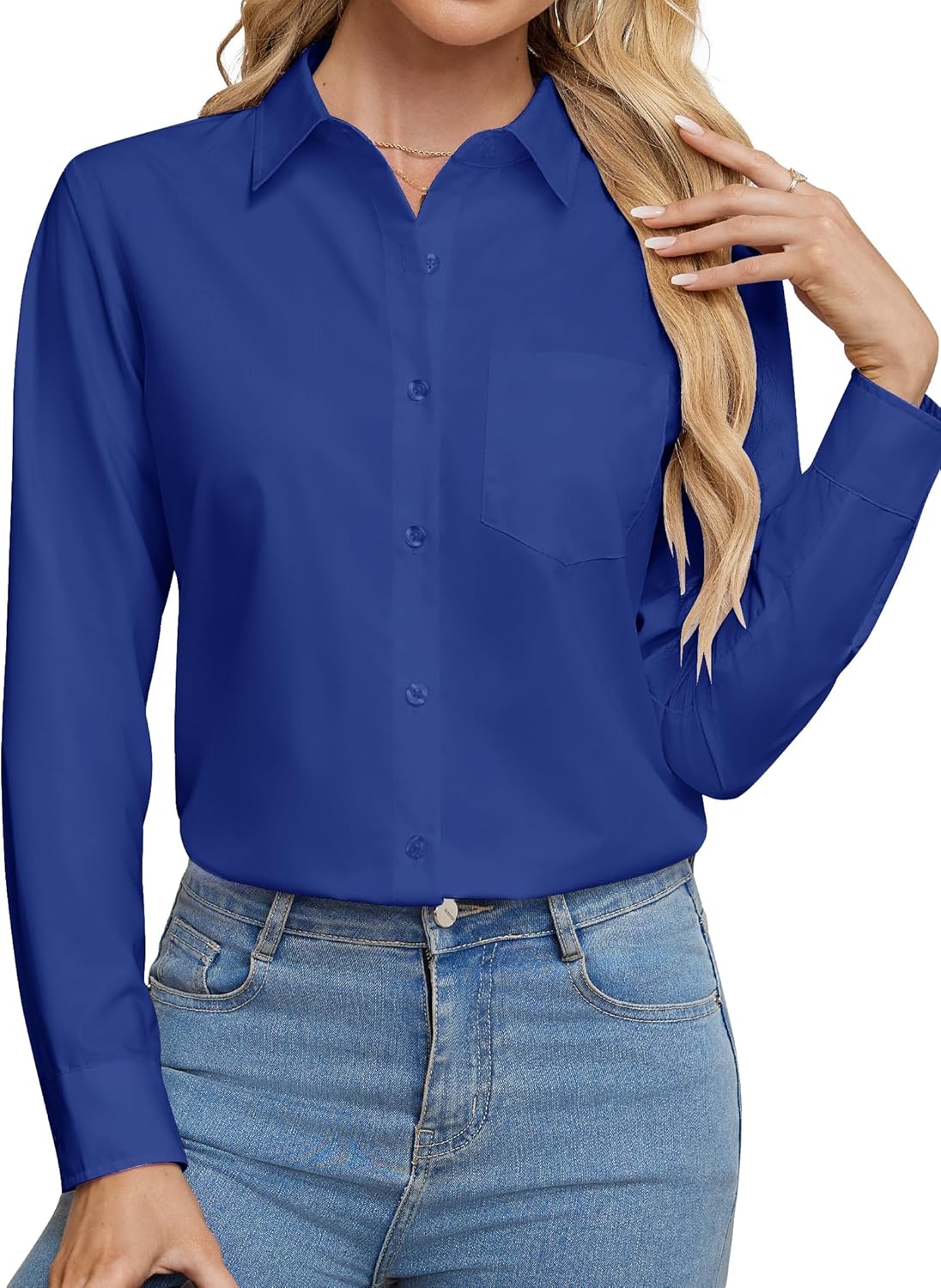 Womens Wrinkle Free Button Down Dress Solid Long Sleeve Formal Collared Shirts - Picture 43 of 79