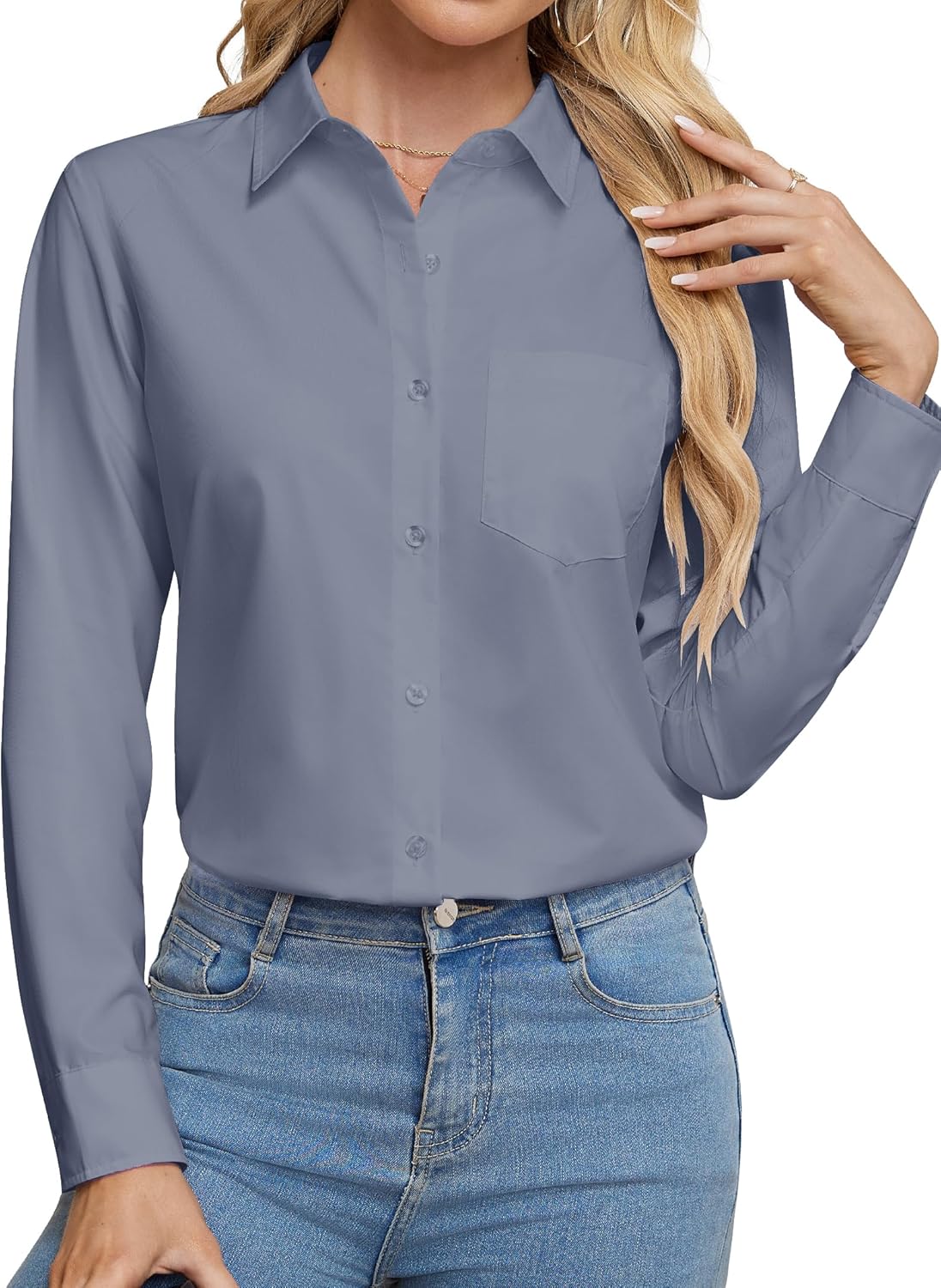 Womens Wrinkle Free Button Down Dress Solid Long Sleeve Formal Collared Shirts - Picture 47 of 79