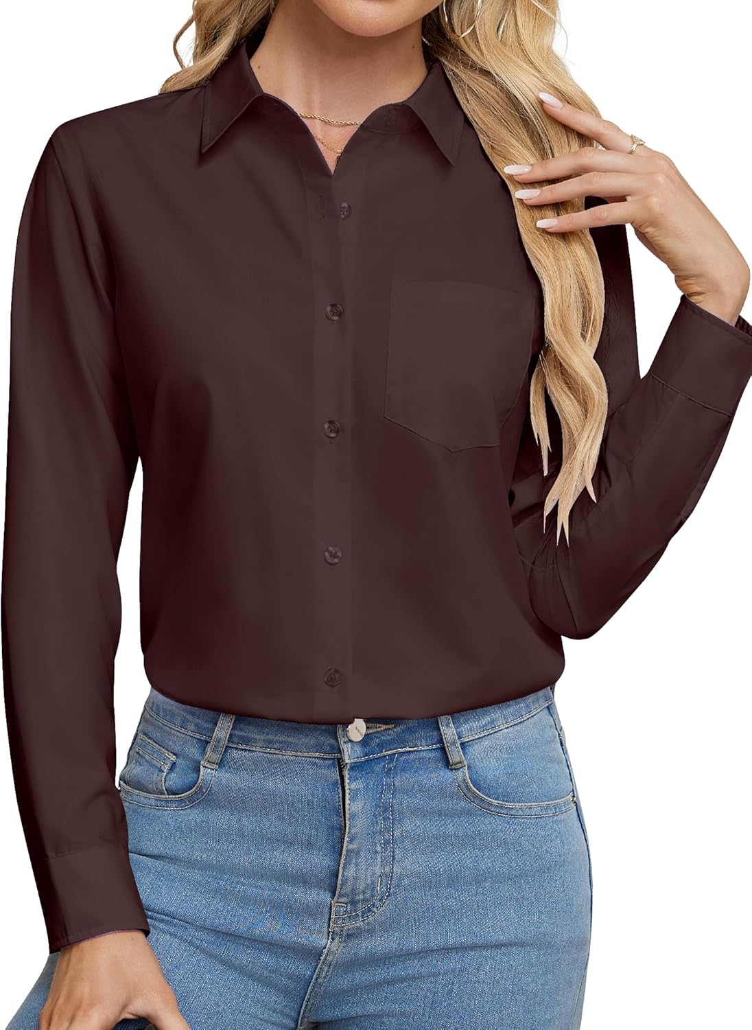Womens Wrinkle Free Button Down Dress Solid Long Sleeve Formal Collared Shirts - Picture 55 of 79