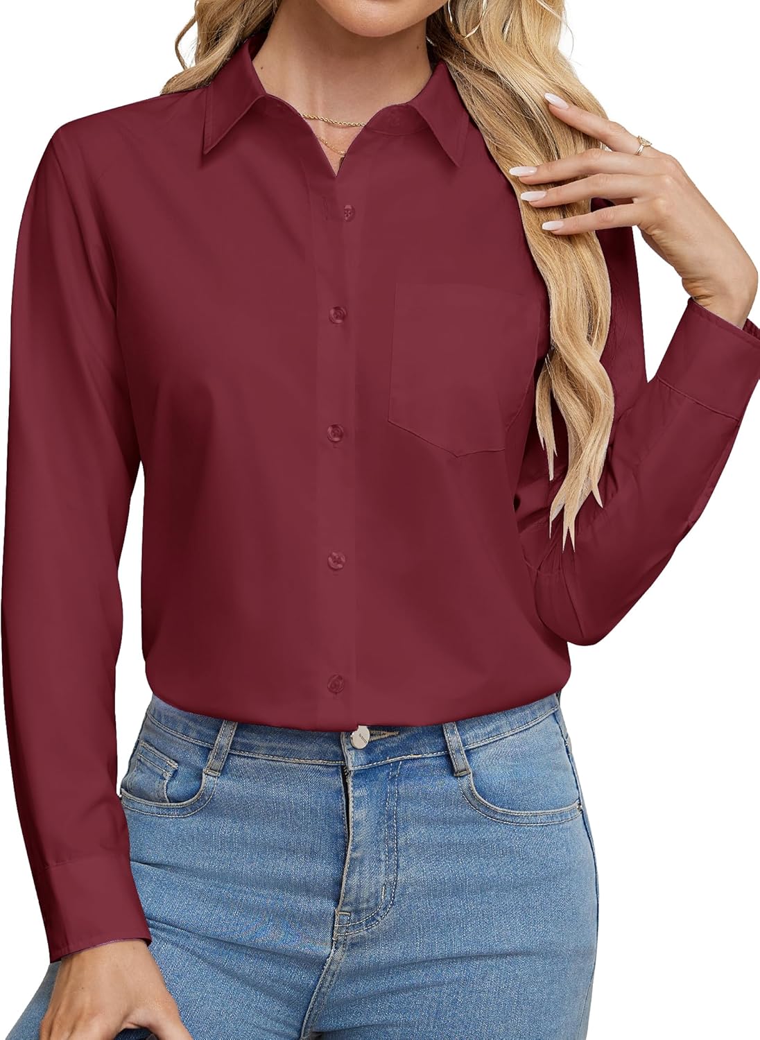 Womens Wrinkle Free Button Down Dress Solid Long Sleeve Formal Collared Shirts - Picture 59 of 79