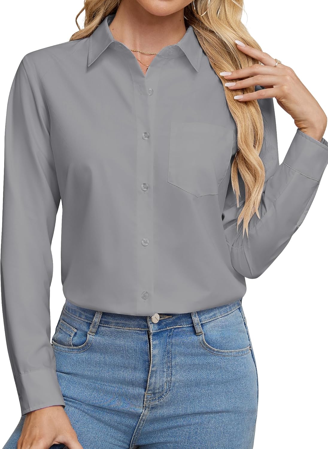 Womens Wrinkle Free Button Down Dress Solid Long Sleeve Formal Collared Shirts - Picture 63 of 79