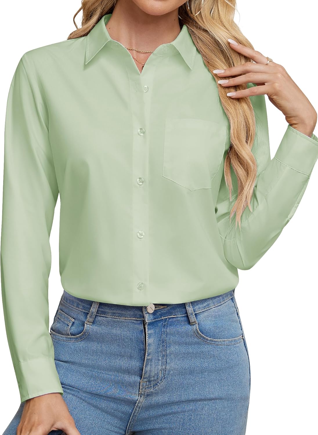 Womens Wrinkle Free Button Down Dress Solid Long Sleeve Formal Collared Shirts - Picture 67 of 79