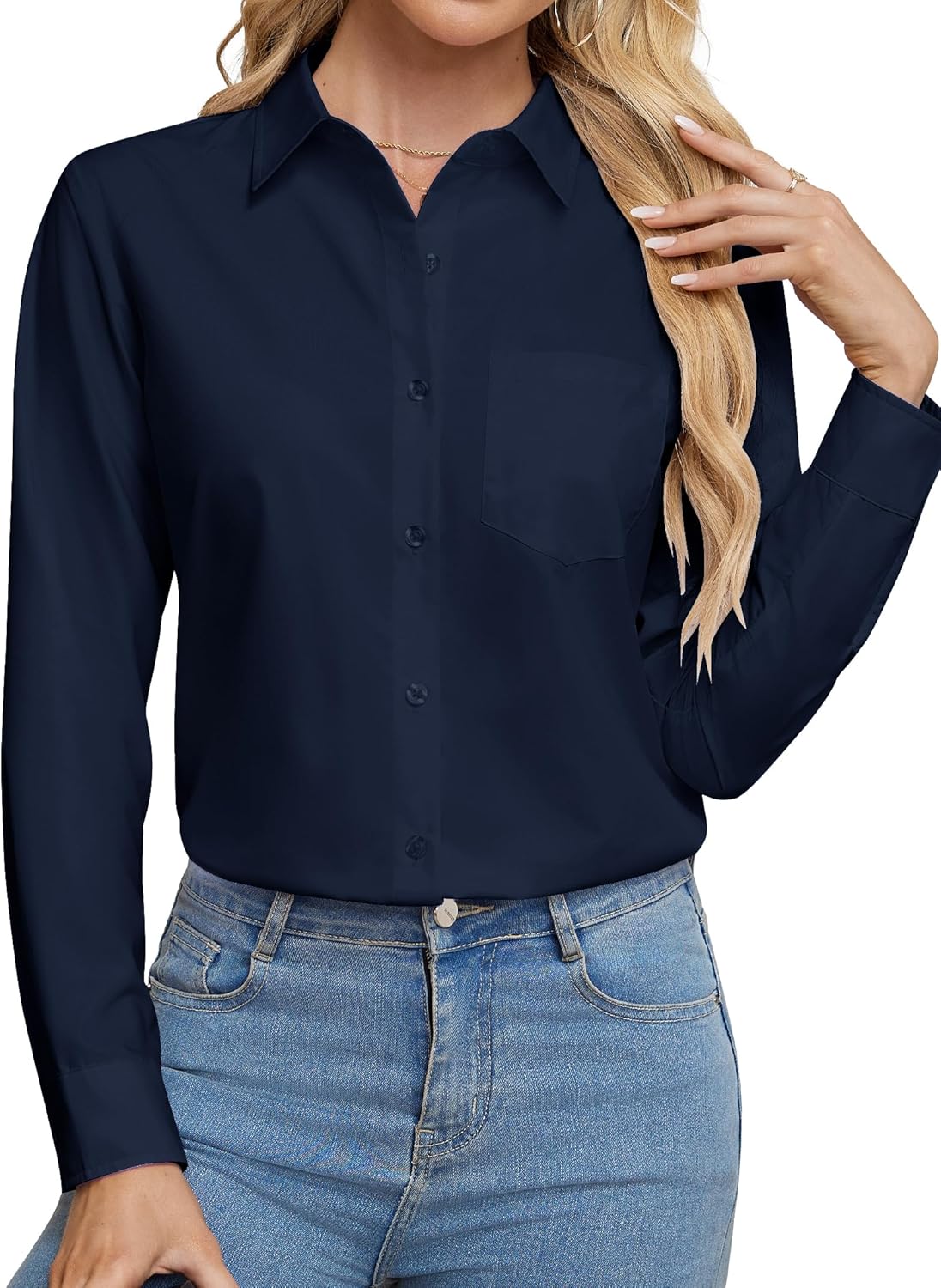 Womens Wrinkle Free Button Down Dress Solid Long Sleeve Formal Collared Shirts - Picture 75 of 79
