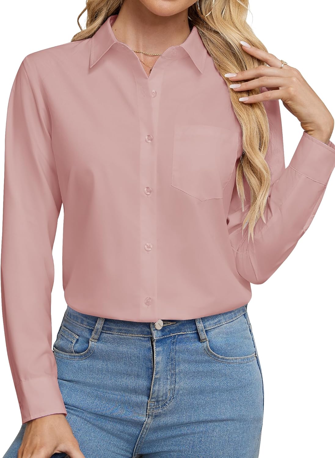 Womens Wrinkle Free Button Down Dress Solid Long Sleeve Formal Collared Shirts - Picture 79 of 79