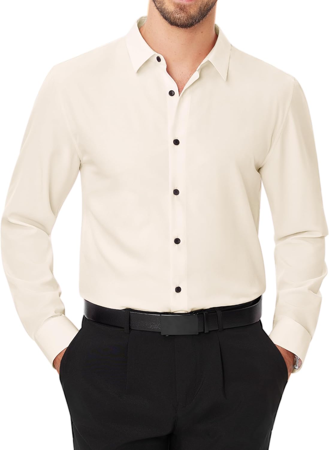 Men's Dress Shirts Stretch Long Sleeve Formal Shirt Solid Button Down Shirts - Picture 33 of 129