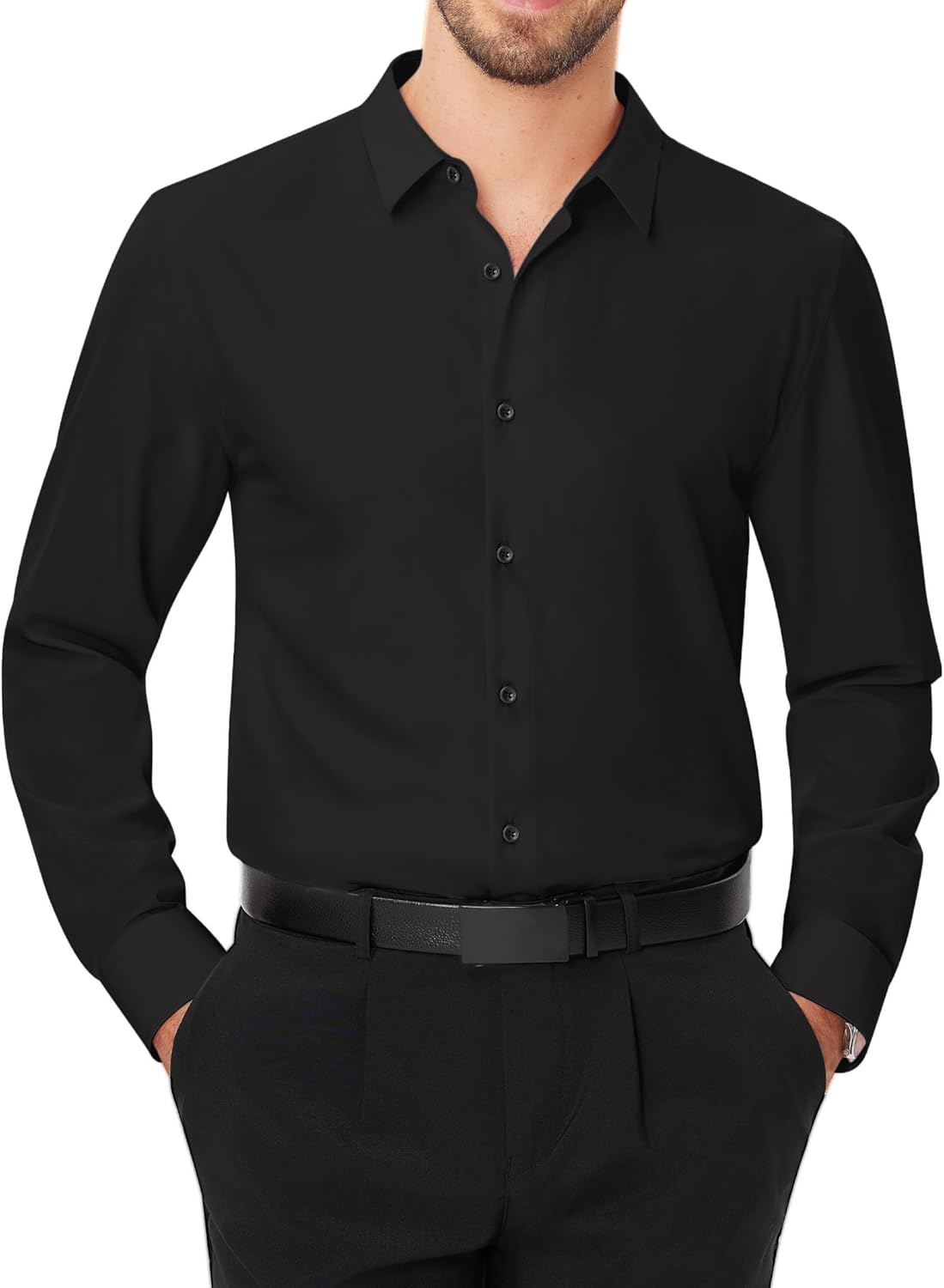 Men's Dress Shirts Stretch Long Sleeve Formal Shirt Solid Button Down Shirts - Picture 38 of 129
