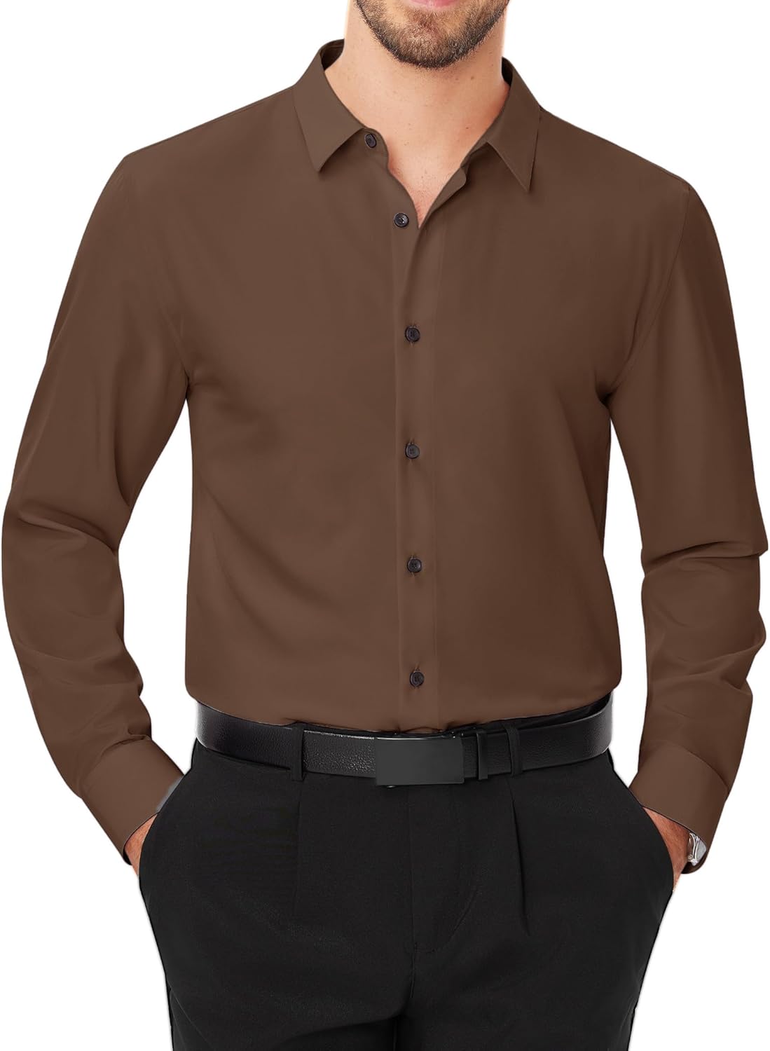 Men's Dress Shirts Stretch Long Sleeve Formal Shirt Solid Button Down Shirts - Picture 43 of 129