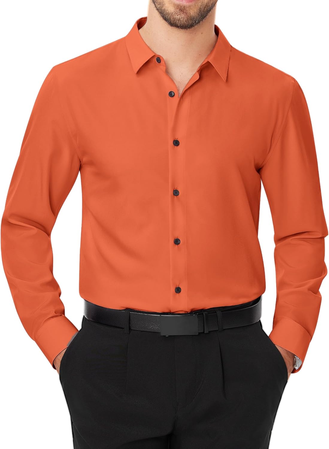 Men's Dress Shirts Stretch Long Sleeve Formal Shirt Solid Button Down Shirts - Picture 53 of 129