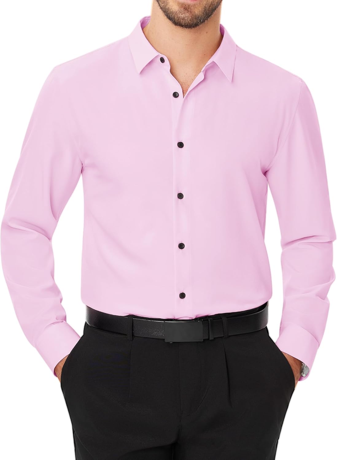 Men's Dress Shirts Stretch Long Sleeve Formal Shirt Solid Button Down Shirts - Picture 58 of 129