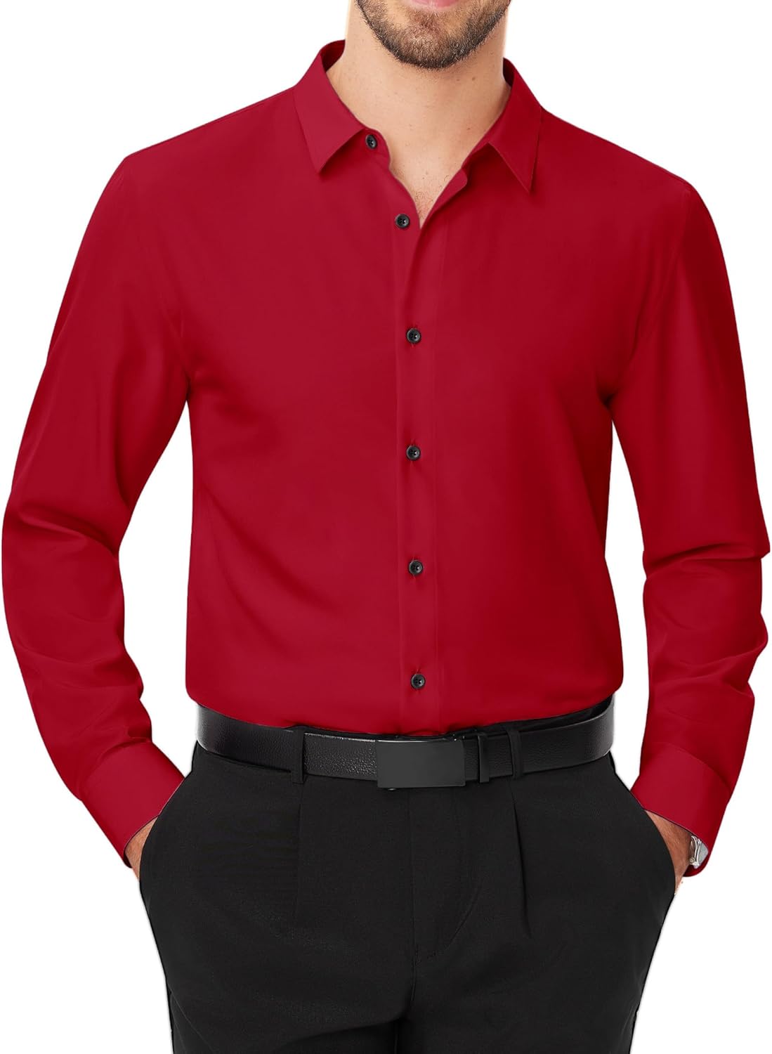 Men's Dress Shirts Stretch Long Sleeve Formal Shirt Solid Button Down Shirts - Picture 68 of 129