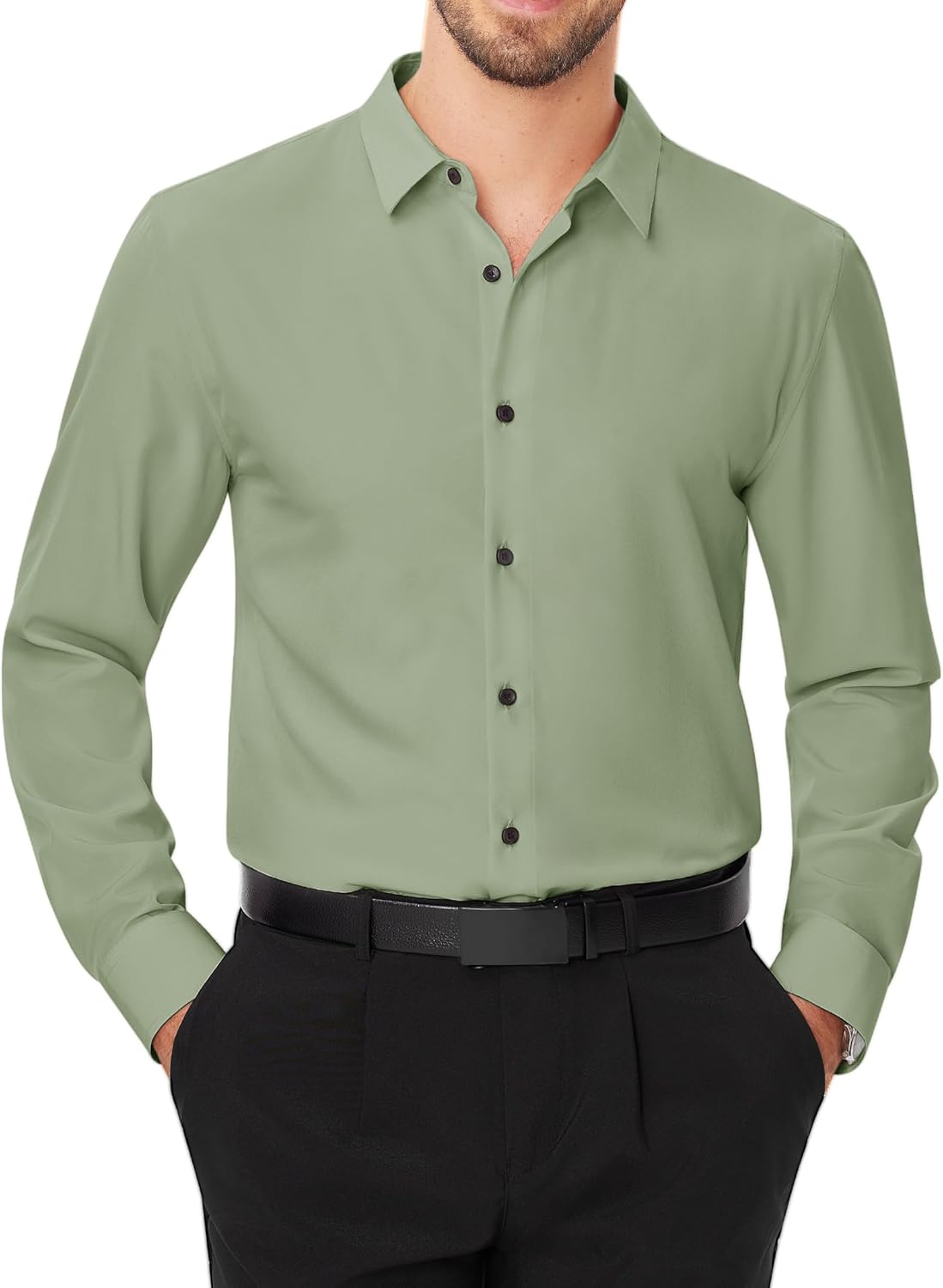 Men's Dress Shirts Stretch Long Sleeve Formal Shirt Solid Button Down Shirts - Picture 73 of 129