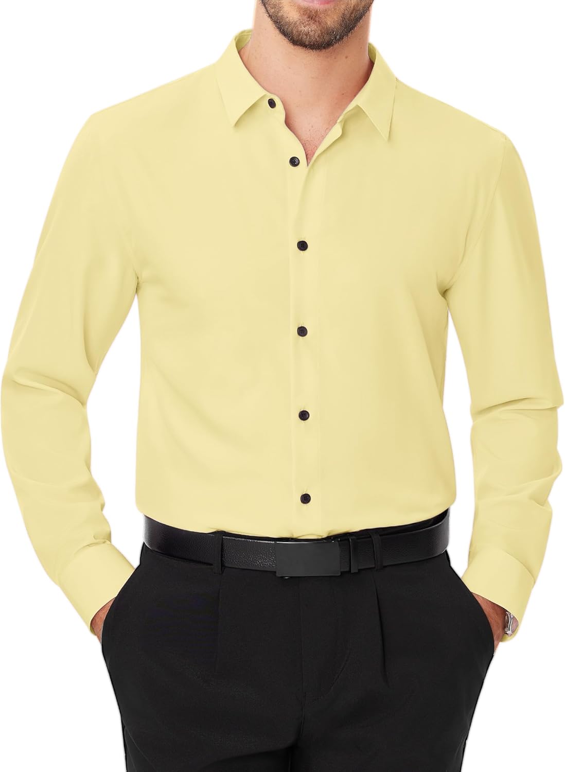 Men's Dress Shirts Stretch Long Sleeve Formal Shirt Solid Button Down Shirts - Picture 83 of 129