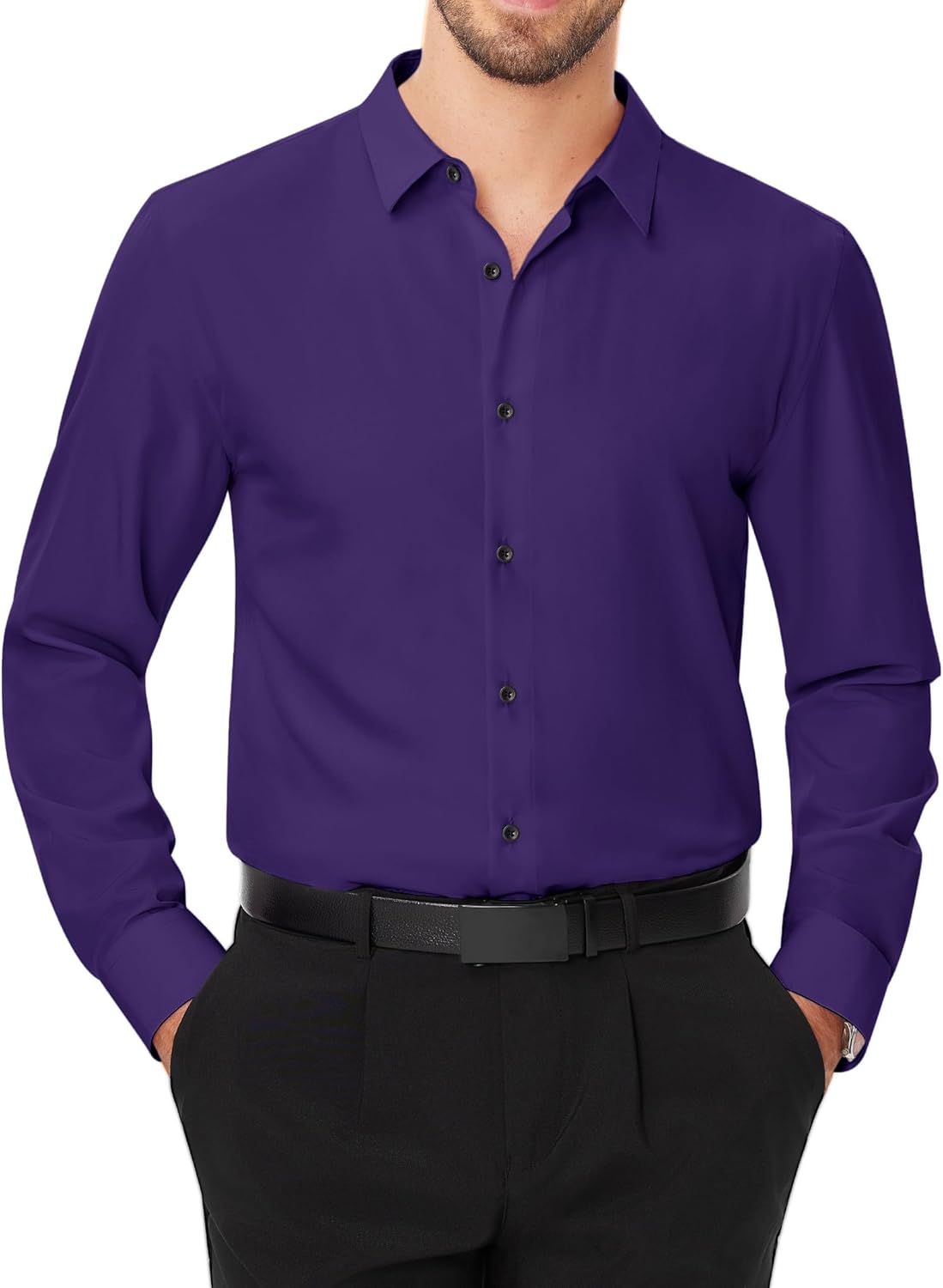 Men's Dress Shirts Stretch Long Sleeve Formal Shirt Solid Button Down Shirts - Picture 88 of 129