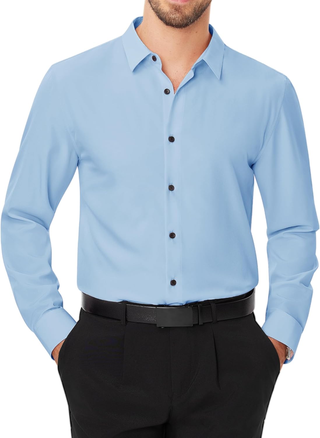 Men's Dress Shirts Stretch Long Sleeve Formal Shirt Solid Button Down Shirts - Picture 93 of 129