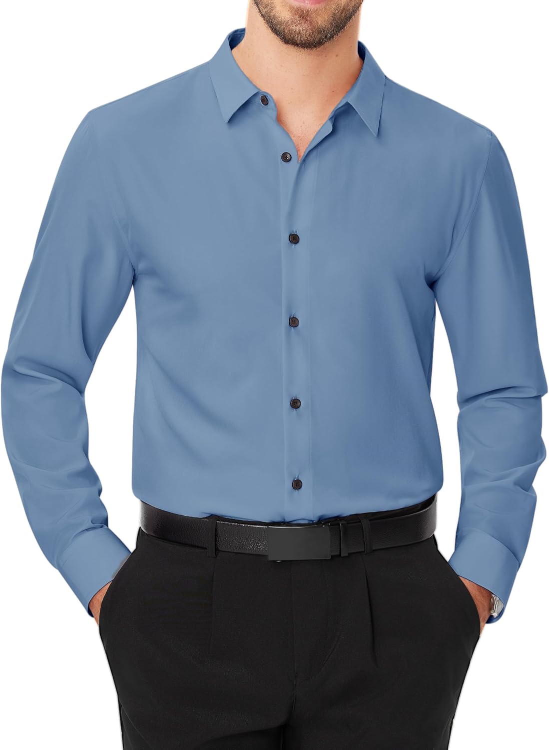 Men's Dress Shirts Stretch Long Sleeve Formal Shirt Solid Button Down Shirts - Picture 98 of 129