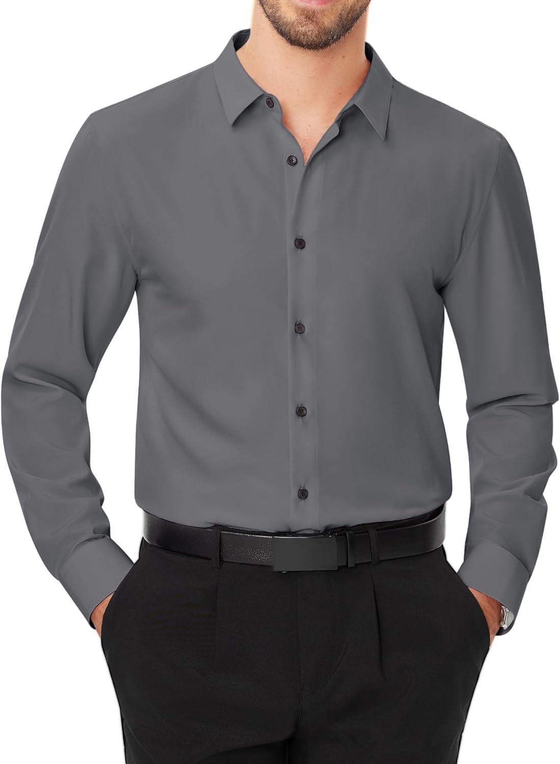 Men's Dress Shirts Stretch Long Sleeve Formal Shirt Solid Button Down Shirts - Picture 103 of 129