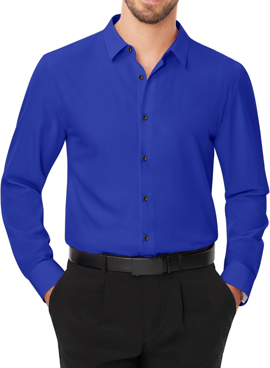 Men's Dress Shirts Stretch Long Sleeve Formal Shirt Solid Button Down Shirts - Picture 113 of 129