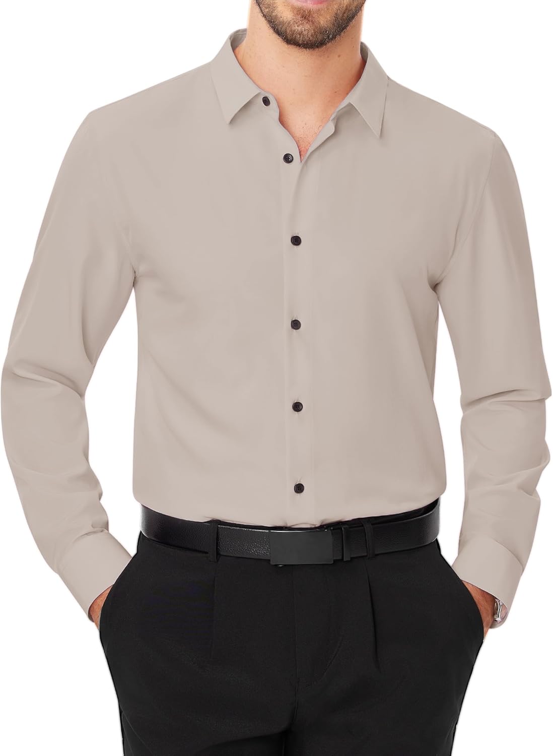 Men's Dress Shirts Stretch Long Sleeve Formal Shirt Solid Button Down Shirts - Picture 123 of 129
