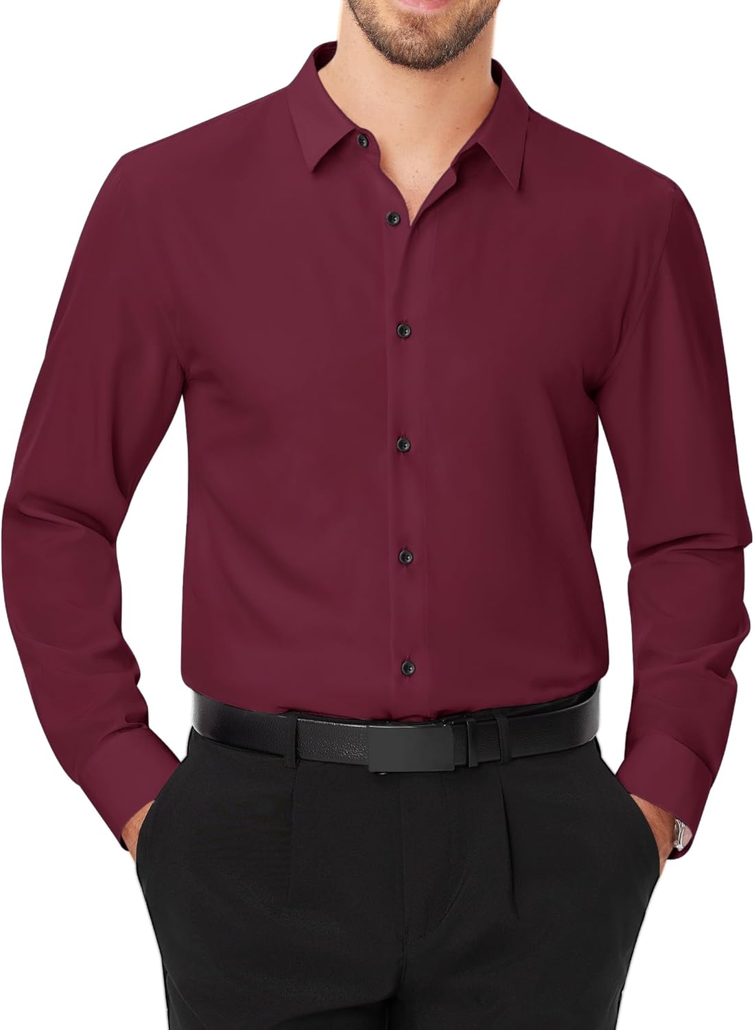 Men's Dress Shirts Stretch Long Sleeve Formal Shirt Solid Button Down Shirts - Picture 128 of 129
