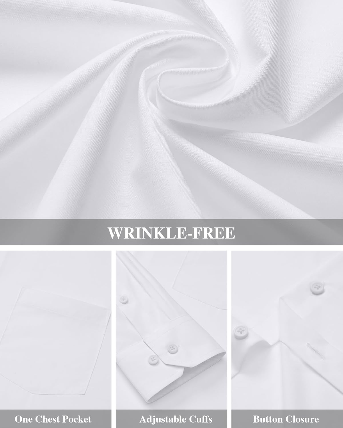 Men's Dress Shirts Wrinkle Free Long Sleeve Formal Shirt Solid Button Down Shirt - Picture 40 of 126