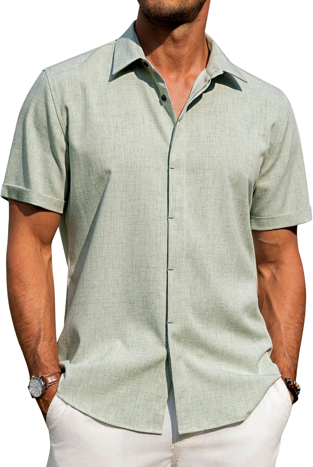 Men's Cotton Linen Short Sleeve Shirts Casual Button Down Shirt for Men Tops - Picture 25 of 124