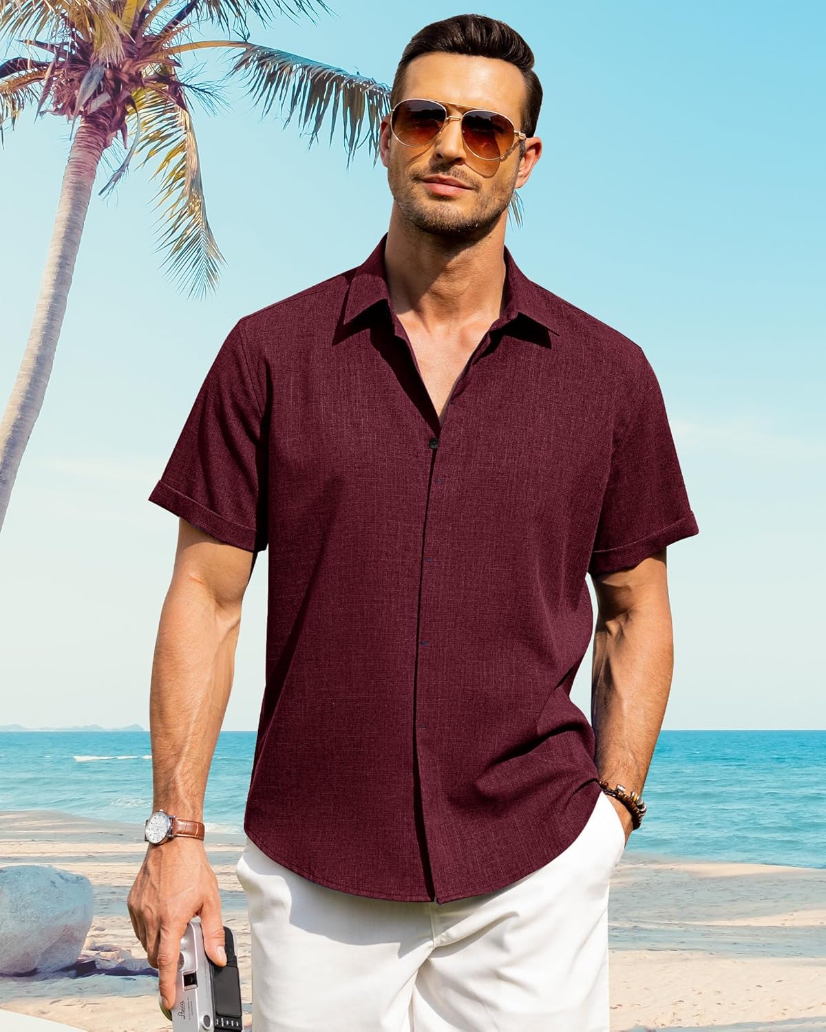 Men's Cotton Linen Short Sleeve Shirts Casual Button Down Shirt for Men Tops - Picture 32 of 124