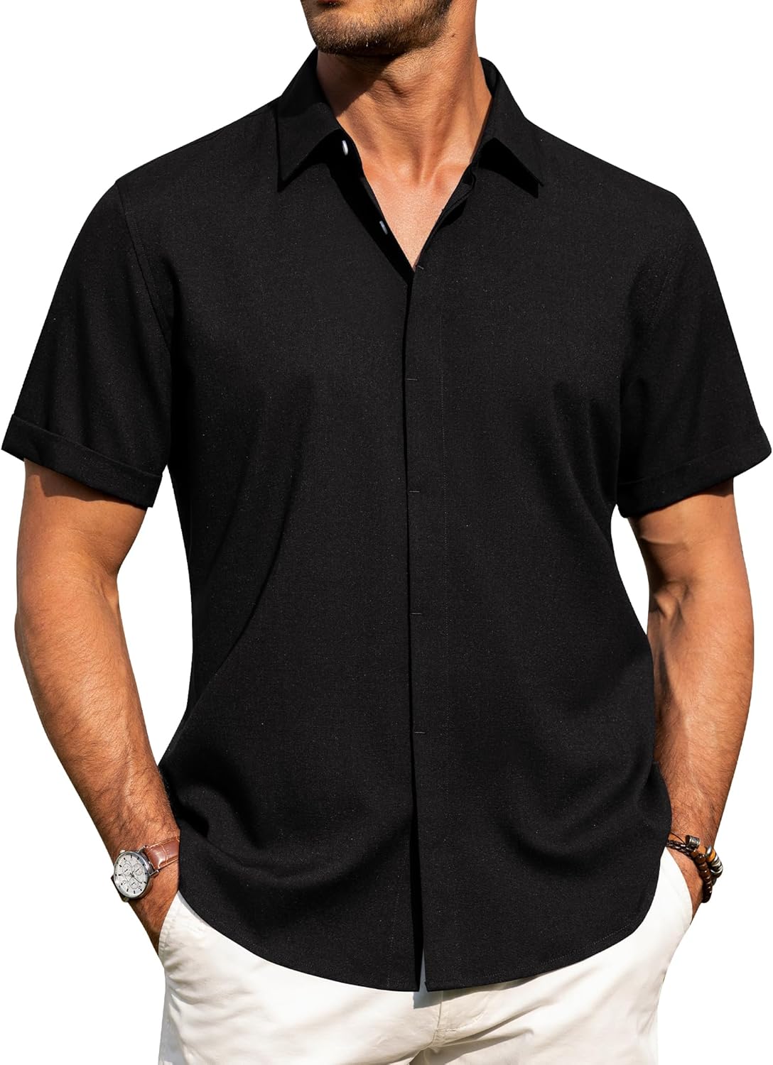 Men's Cotton Linen Short Sleeve Shirts Casual Button Down Shirt for Men Tops - Picture 35 of 124