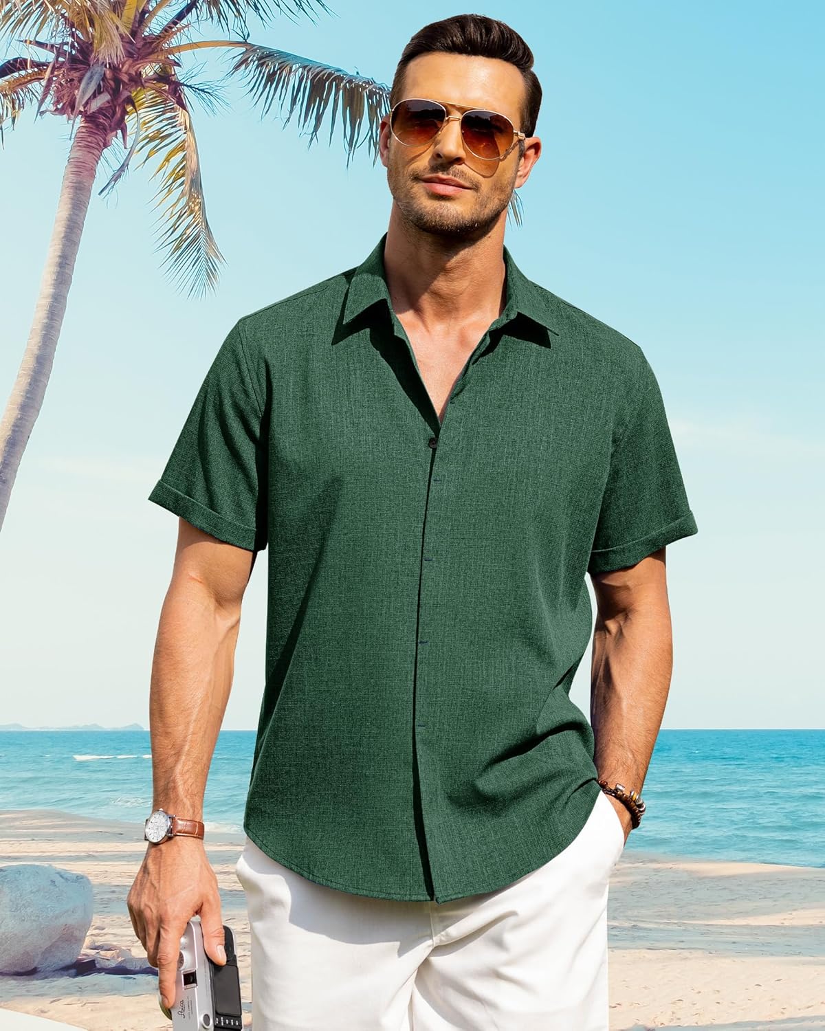 Men's Cotton Linen Short Sleeve Shirts Casual Button Down Shirt for Men Tops - Picture 42 of 124