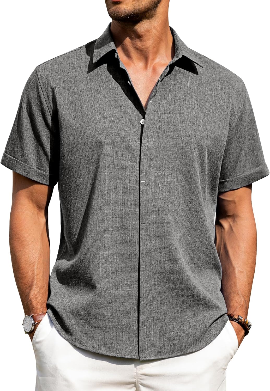 Men's Cotton Linen Short Sleeve Shirts Casual Button Down Shirt for Men Tops - Picture 45 of 124