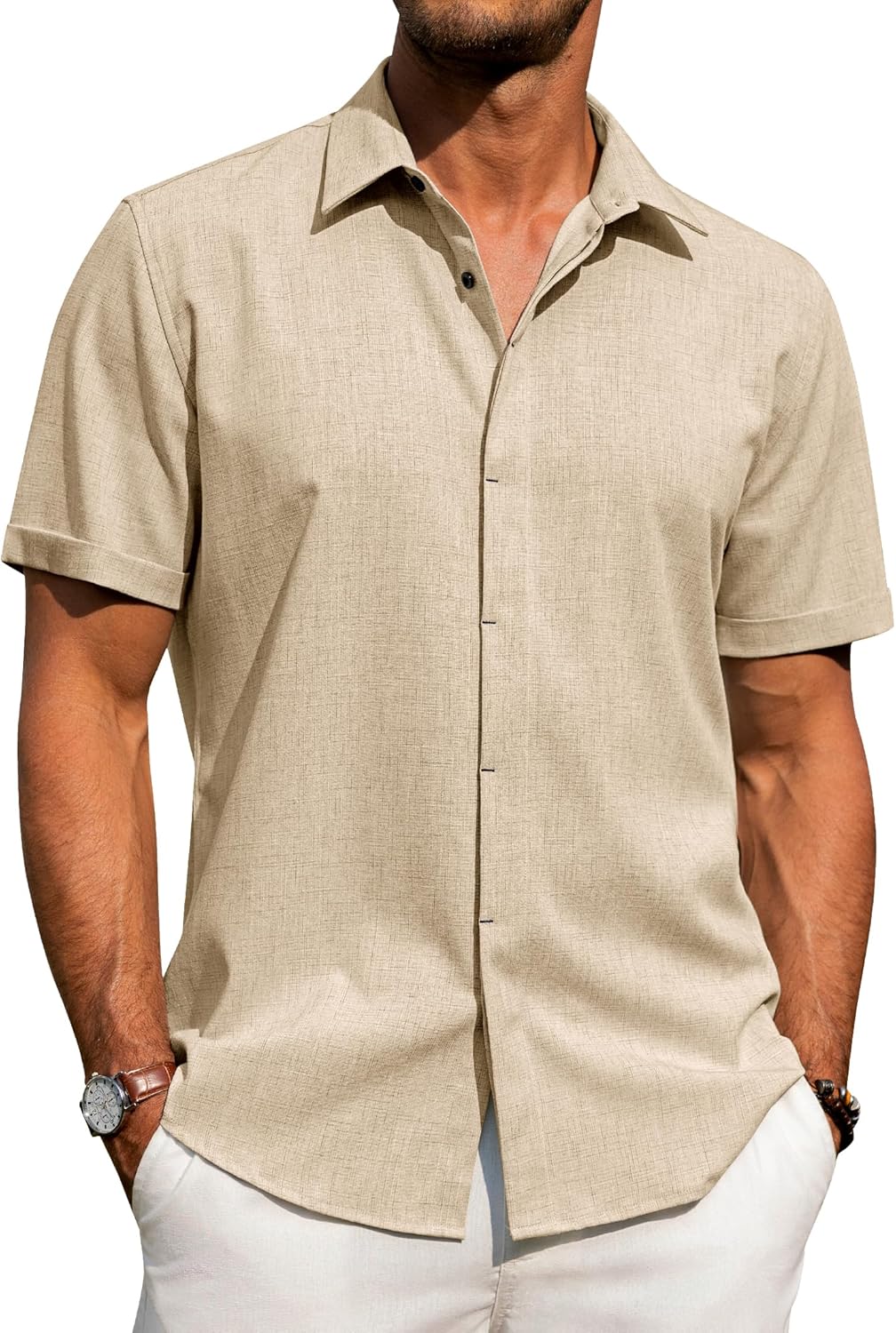 Men's Cotton Linen Short Sleeve Shirts Casual Button Down Shirt for Men Tops - Picture 50 of 124