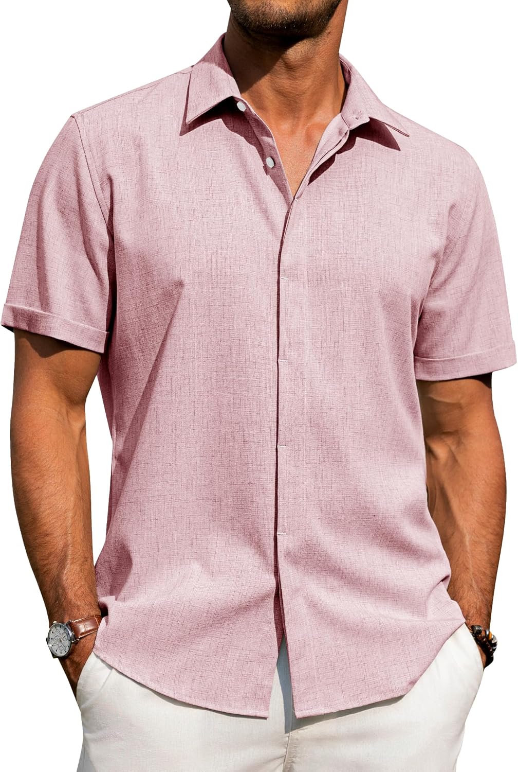 Men's Cotton Linen Short Sleeve Shirts Casual Button Down Shirt for Men Tops - Picture 60 of 124