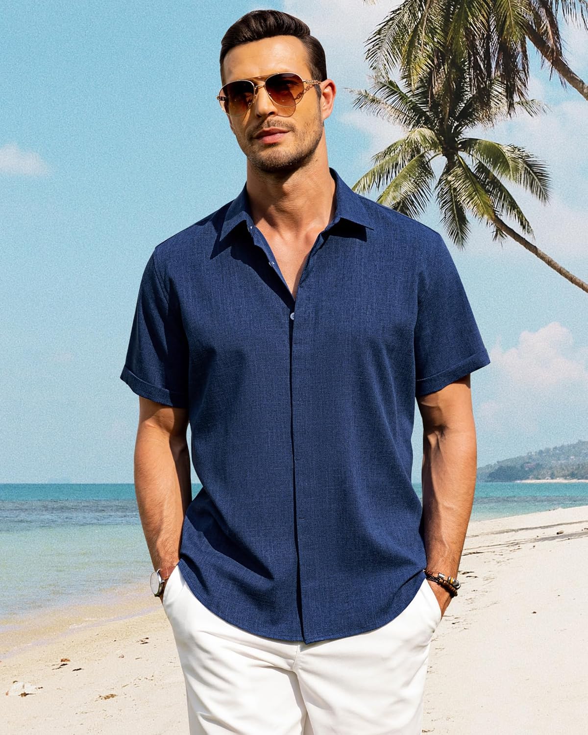 Men's Cotton Linen Short Sleeve Shirts Casual Button Down Shirt for Men Tops - Picture 66 of 124